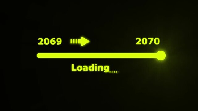 Futuristic white progress bar visually the transition from 2069 to 2070 with a bright slider and arrow on a black background. embodying future progress and technological advancement.