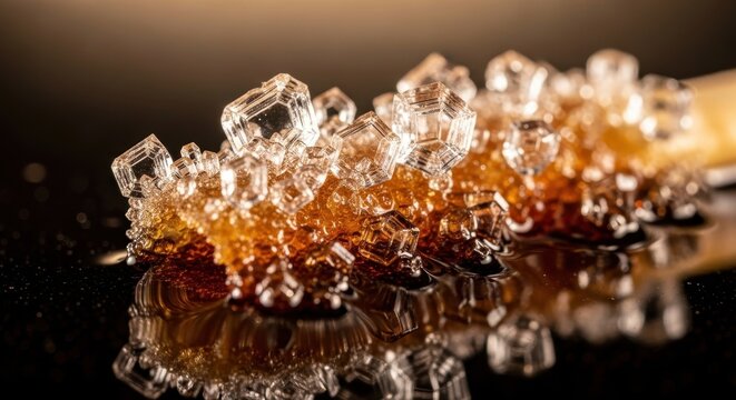 Close-Up of Brown Sugar Crystals on Glossy Black Surface