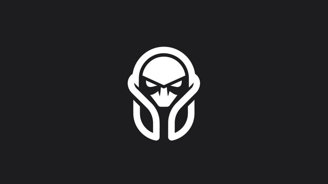 Stylized skull logo with intense eyes and hood.