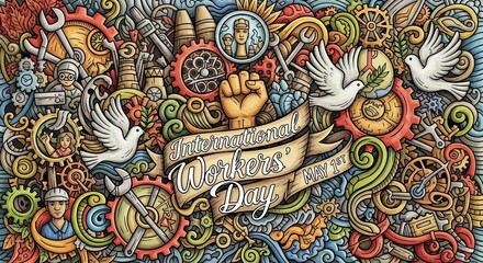 Colorful illustration of International Workers' Day celebration
