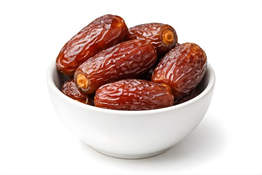 Dates in White Bowl Isolated on White Background, Medjool Khajoor Healthy Dried Fruit Snack, Ramadan Food Ingredient, Clean Minimal Studio Product Photography for Packaging, Advertising and Ecommerce