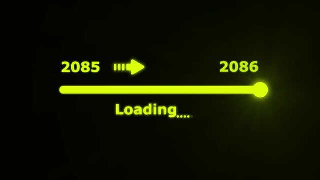 Futuristic white progress bar visually the transition from 2085 to 2086 with a bright slider and arrow on a black background. embodying future progress and technological advancement.