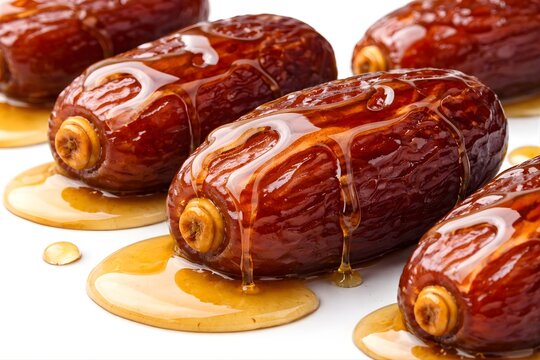 Dates with Honey Drizzle Isolated on White Background, Medjool Khajoor Sweet Gourmet Dessert, کھجور, تمر, hurma, خرما, खजूर, d&aacute;tiles, dattes, datteln, Food Photography for Advertising and Ecommerce