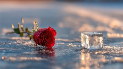 Beautiful Red Rose on Frosty Surface with Ice Cube Glimmering in Soft Natural Light