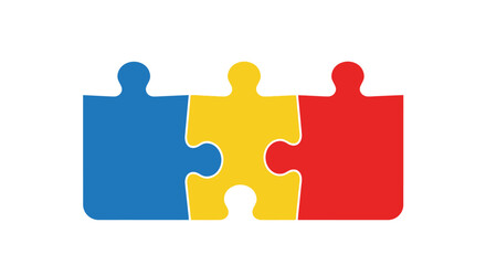 Obraz premium Three colorful puzzle pieces connected, representing teamwork and solutions.