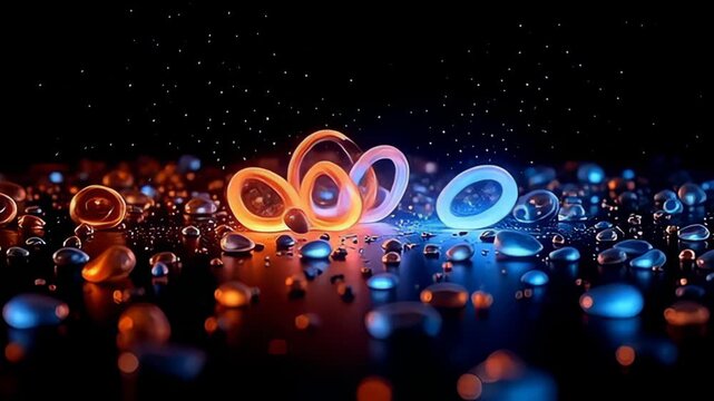 In a striking contrast, scattered vitamin rings looping in pulse dart in and out of the visual frame, their fiery oranges and electric blues clashing vividly against the pure black backdrop,