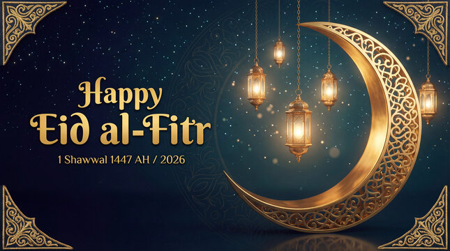 Cinematic Happy Eid al-Fitr Greeting with Golden Crescent and Lanterns