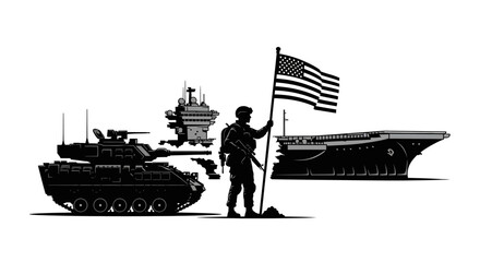 Obraz premium Patriotic Soldier Holding American Flag with Military Vehicles and Aircraft Carrier