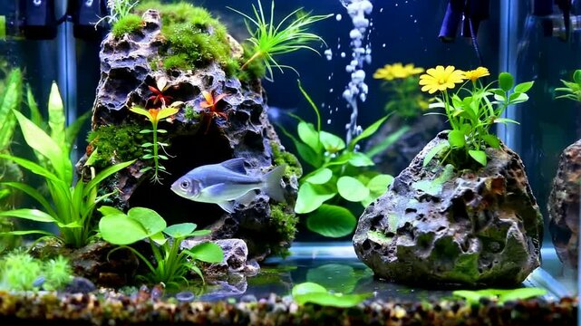 Fish Swimming in Aquarium with Plants and Rocks.