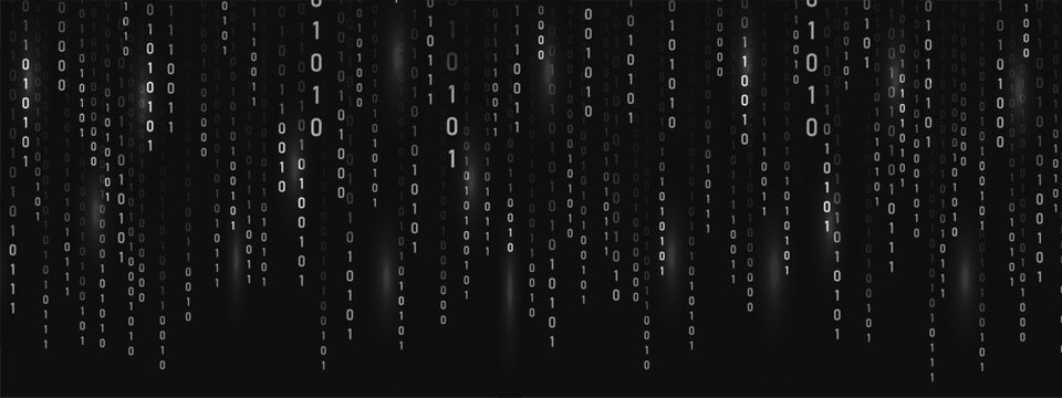 Abstract binary Rain. Dynamic light effect. Data flow with programming symbols on futuristic backdrop. Cyber technology and security theme. Vector illustration.
