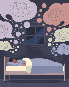 Minimalist flat art of person with insomnia lying awake with racing thoughts