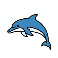 A cartoon blue dolphin with a black outline leaps through the water