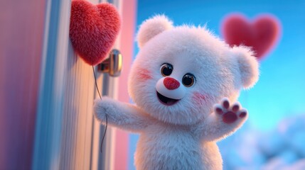 Fototapeta premium Cute fluffy bear character with heart-shaped balloons makes an adorable gesture in a colorful whimsical background