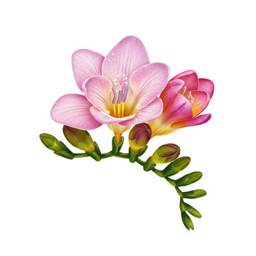 Delicate pink and red freesia blossoms with budding shoots isolated on white background