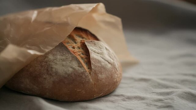Freshly baked artisan sourdough bread in a brown paper bag
