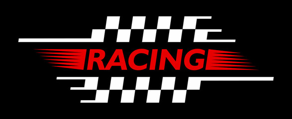 Race car, drag competition sticker or patch. Motocross and rally racing motorsport tag, speed drive championship vector label. Car race emblem sticker with checkered pattern and red typography