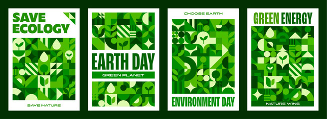 Environment ecology green posters with geometric pattern and abstract figures. Vector eco save nature retro modern backgrounds with text save ecology, earth day, environment day and green energy © Vector Tradition