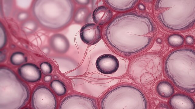 Abstract microscopic view of translucent pink cells and fluid-filled vesicles