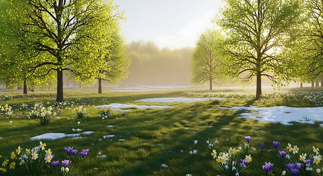 Spring Meadow with Daffodils and Remaining Snow