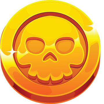 Cartoon pirate golden coin with skull engraving. Isolated vector ancient corsair doubloon, shiny yellow ducat. Fantasy treasure, fairytale item, game asset, small, round piece of metal, made from gold