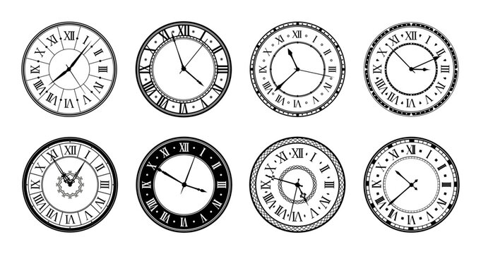 Clock faces with old fashioned watch dials, roman numbers and vintage timepiece details. Vector antique round black wall clock faces or vintage hand watch dials with hour, minute and second arrows