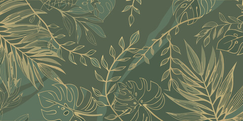 Elegant tropical leaves pattern with gold lines on a dark green background © Nirob