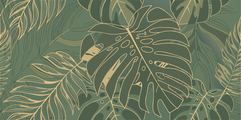 Elegant monstera leaf pattern with gold lines on a dark teal background © Nirob