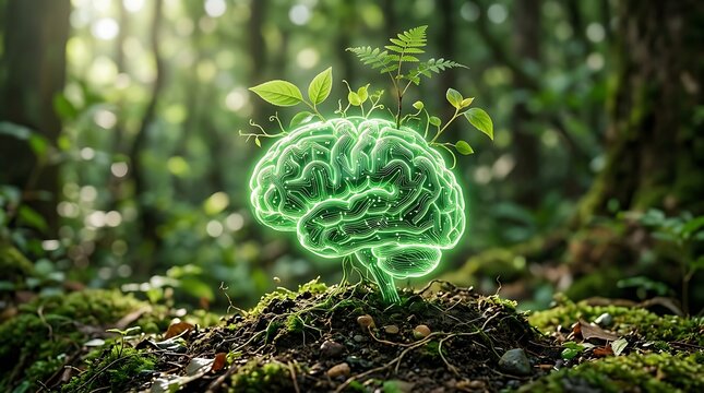 Digital brain with plant growth symbol for sustainable innovation and environmental consciousness in a lush forest scene