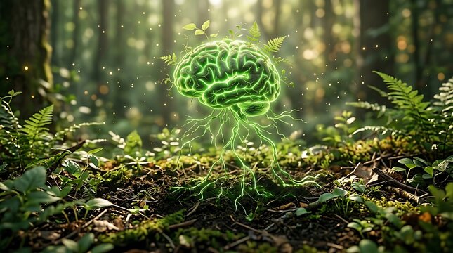Digital illustration of a glowing green brain with roots growing into a lush forest floor, representing nature-inspired artificial intelligence and mental growth