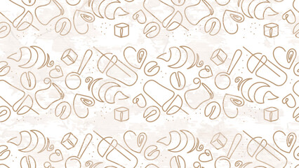 Coffee Seamless Pattern. Sketch for Food Shop, Menu, Bakery Cafe. Coffee Beans with Grunge Effect Brown and Beige Colors. Vector Art Border Background.