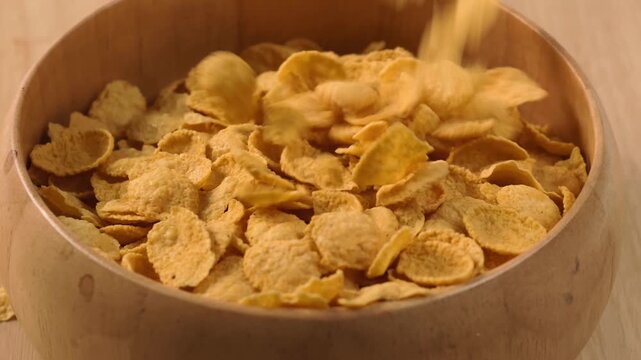 Crispy cornflakes piled in a wooden bowl