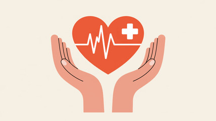Obraz premium Hands cradling a red heart with a medical cross and ecg line on a beige background symbolizing healthcare and wellness