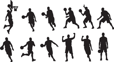 set of basketball player silhouettes black vector isolated on white background