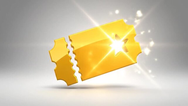 Shiny golden ticket icon with a star cutout on a light gray background
