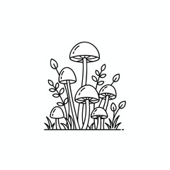 Fototapeta premium A minimalist line drawing depicts a cluster of mushrooms and leaves on a white background