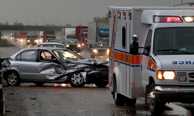 Police car accident on the road with an emergency rescue truck and medical ambulance vehicle for transportation service © Sahrul