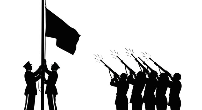 Military Ceremony: Flag Raising and Salute with Firing Squad Silhouette