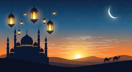 Obraz premium Eid ul adha celebration at sunset with mosque silhouette and crescent moon