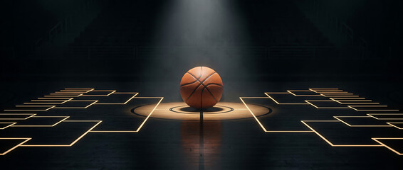 Naklejka premium Basketball tournament bracket on a dark court floor with a spotlight, championship competition concept background.