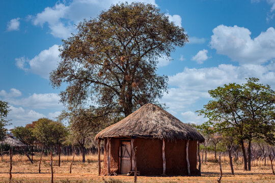 Traditional Thatched Huts in a Rural African Village Landscape remote rural settlement