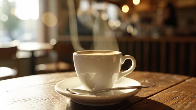 Steaming Hot Coffee Cup on a Wooden Table with Soft Bokeh Background and Warm Sunlight