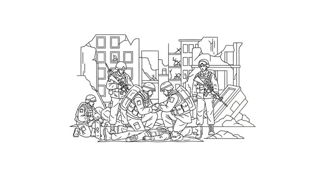 Military medics provide aid to wounded soldier amidst urban combat destruction