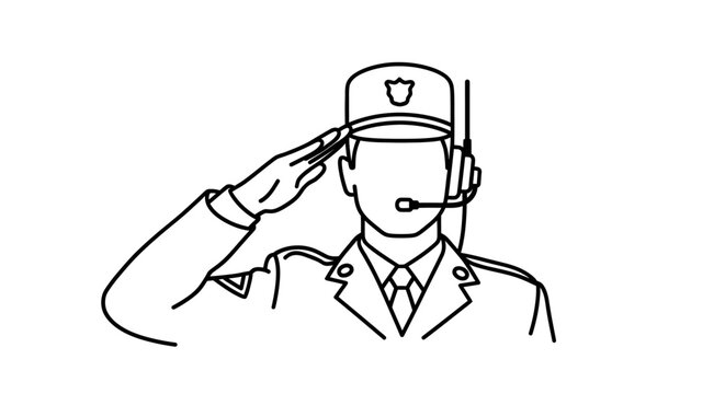 Military officer saluting with headset, professional communication and service concept