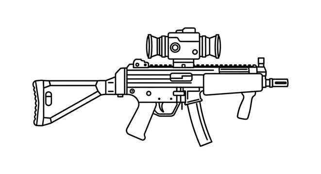 Modern Assault Rifle with Scope and Foregrip - Line Art Illustration