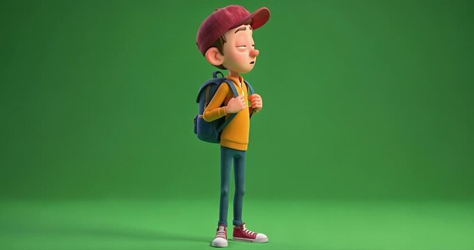 Cartoon young man with backpack on green screen background