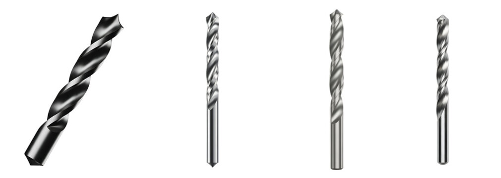 Four silver drill bits on transparent background