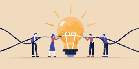 Teamwork concept people pulling at a rope connected to a lightbulb © Babita