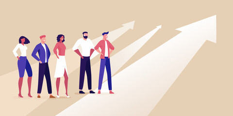 Diverse business team stands confidently toward an upward trending arrow © Babita