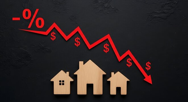 A graph showing a decline in housing market with wooden houses and a downward trend line