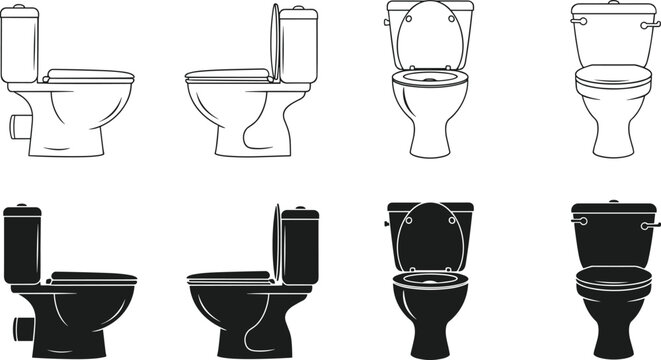 Collection of ceramic toilet icons in black silhouette and linear styles featuring side and front elevation views for bathroom design blueprints